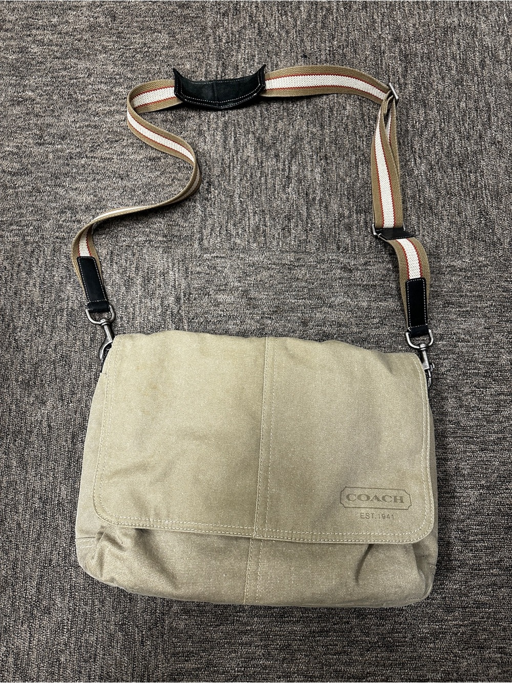 Coach Tan Canvas Messenger Bag with Striped Adjustable Strap